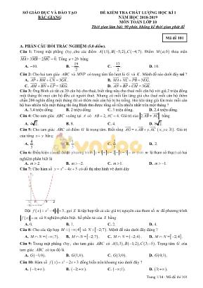 Đề kiểm tra chất lượng học kỳ I môn Toán Lớp 10 - Mã đề 101 - Năm học 2018-2019 - Sở giáo dục và đào tạo Bắc Giang (Có đáp án)
